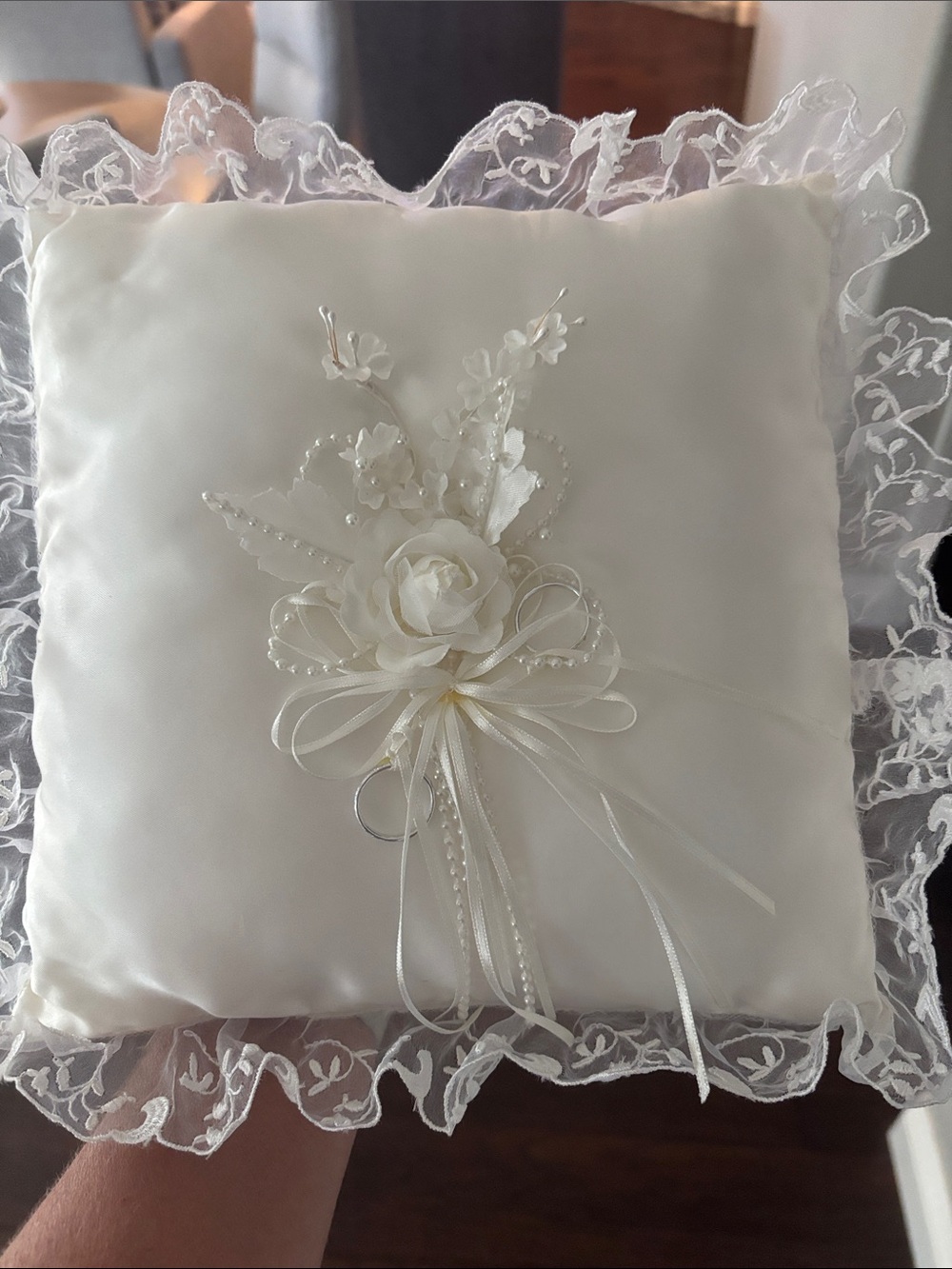 10x 10 Ring Bearer Ivory Satin Floral Applique Decorative Pillow